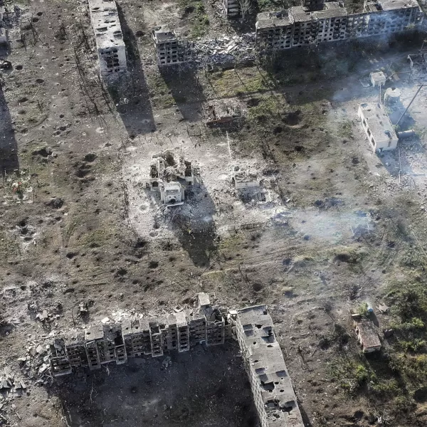 This photo provided by Ukraine's 24th Mechanised Brigade press service shows an aerial view of the town of Chasiv Yar, the site of heaviest battles with the Russian troops in the Donetsk region, Ukraine, Wednesday, July 3, 2024, (Ukraine's 24th Mechanised Brigade via AP)