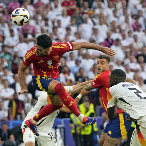 Spain's Mikel Merino (6) scores his side's second goal during a quarter final match between Germany and Spain at the Euro 2024 soccer tournament in Stuttgart, Germany, Friday, July 5, 2024. (AP Photo/Antonio Calanni)