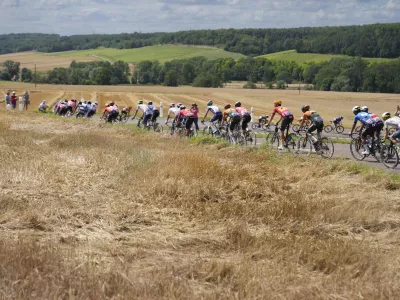 The pack rides during the ninth stage of the Tour de France cycling race over 199 kilometers (123.7 miles) with start and finish in Troyes, France, Sunday, July 7, 2024. (AP Photo/Jerome Delay)