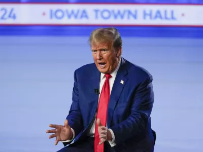 Republican presidential candidate former President Donald Trump speaks during a Fox News Channel town hall in Des Moines, Iowa, Wednesday, Jan. 10, 2024. (AP Photo/Carolyn Kaster)