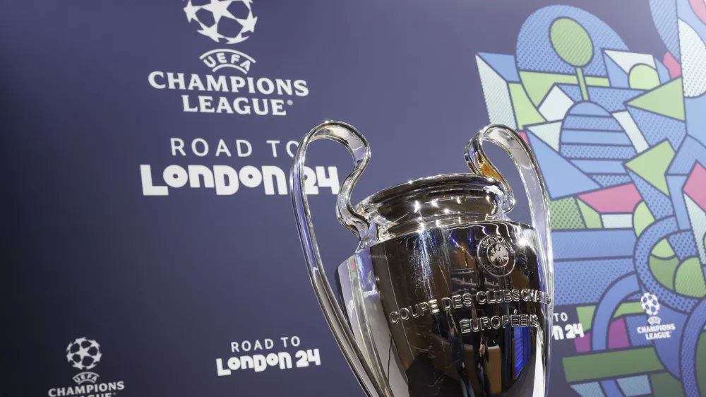 The UEFA Champions League trophy is pictured during the UEFA Champions League 2023/24 round of 16 draw at the UEFA headquarters in Nyon, Switzerland, Monday, Dec. 18, 2023. (Salvatore Di Nolfi/Keystone via AP)