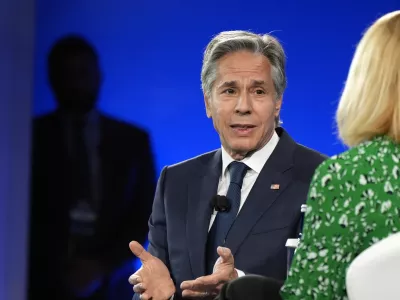 Secretary of State Antony Blinken speaks during the opening address of the NATO Public Forum, at the Marriott Marquis Hotel, during the NATO summit in Washington, Wednesday July 10, 2024. (AP Photo/Jacquelyn Martin)