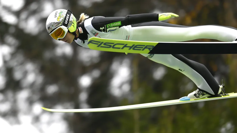 Slovenia's Ema Klinec competes during the FIS Women's HS134 qualification at the Ski Jumping World Cup in Wisla, Poland, Friday, Nov. 4, 2022. (AP Photo/ Adam Nurkiewicz)