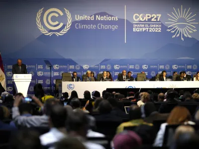 Sameh Shoukry, president of the COP27 climate summit, left speaks during an opening session at the COP27 U.N. Climate Summit, Sunday, Nov. 6, 2022, in Sharm el-Sheikh, Egypt. (AP Photo/Peter Dejong)