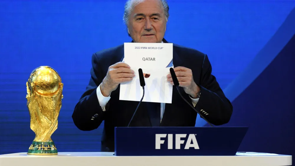 FILE - FIFA President Joseph S. Blatter announces that Qatar will be hosting the 2022 Soccer World Cup, on Thursday, Dec. 2, 2010, during the FIFA 2018 and 2022 World Cup Bid Announcement in Zurich, Switzerland. Former FIFA president Sepp Blatter said on Tuesday, Nov. 8, 2022, that picking Qatar to host the World Cup was a mistake 12 years ago(AP Photo/Keystone/Walter Bieri, File)