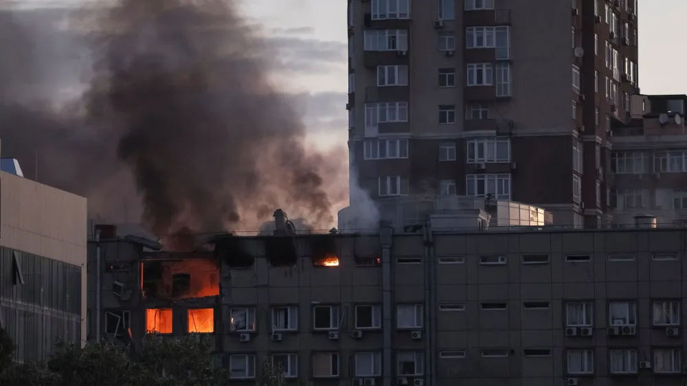 Smoke rises after a Russian drones strike, which local authorities consider to be Iranian made unmanned aerial vehicles (UAVs) Shahed-136, amid Russia's attack on Ukraine, in Kyiv, Ukraine October 17, 2022. REUTERS/Gleb Garanich