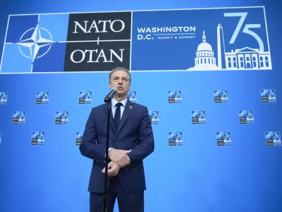 Slovenia's Prime Minister Robert Golob delivering remarks during his arriving at the NATO summit in Washington, Thursday, July 11, 2024. (AP Photo/Mark Schiefelbein)