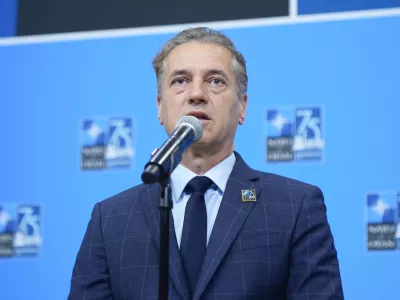 Slovenia's Prime Minister Robert Golob delivering remarks during his arriving at the NATO summit in Washington, Thursday, July 11, 2024. (AP Photo/Mark Schiefelbein)