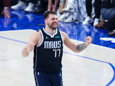 Jun 14, 2024; Dallas, Texas, USA; Dallas Mavericks guard Luka Doncic (77) reacts during the game against the Boston Celtics during game four of the 2024 NBA Finals at American Airlines Center. Mandatory Credit: Kevin Jairaj-USA TODAY Sports