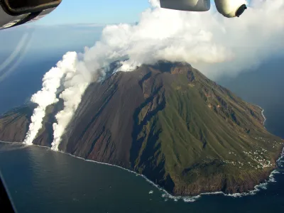 Photo released Thursday March 1, 2007 by the Italian Civil Protection of an aerial view of the Stromboli island volcano during eruptive activity in southern Italy, Tuesday, Feb. 27, 2007. Lava continued to pour down Stromboli's slopes and into the Mediterranean near Sicily as experts continued to monitor eruption activity on one of Europe's most active volcanoes. (AP Photo/Protezione Civile Italiana, HO)