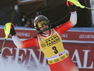 Switzerland's Wendy Holdener celebrates at the finish area of an alpine ski, women's World Cup slalom, in Sestriere, Italy, Sunday, Dec.11, 2022. (AP Photo/Alessandro Trovati)