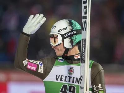 Anze Lanisek of Slovenia during the men's FIS Ski Jumping World Cup competition in Engelberg, Switzerland, Saturday Dec. 17, 2022 in (Urs Flueeler/Keystone via AP)