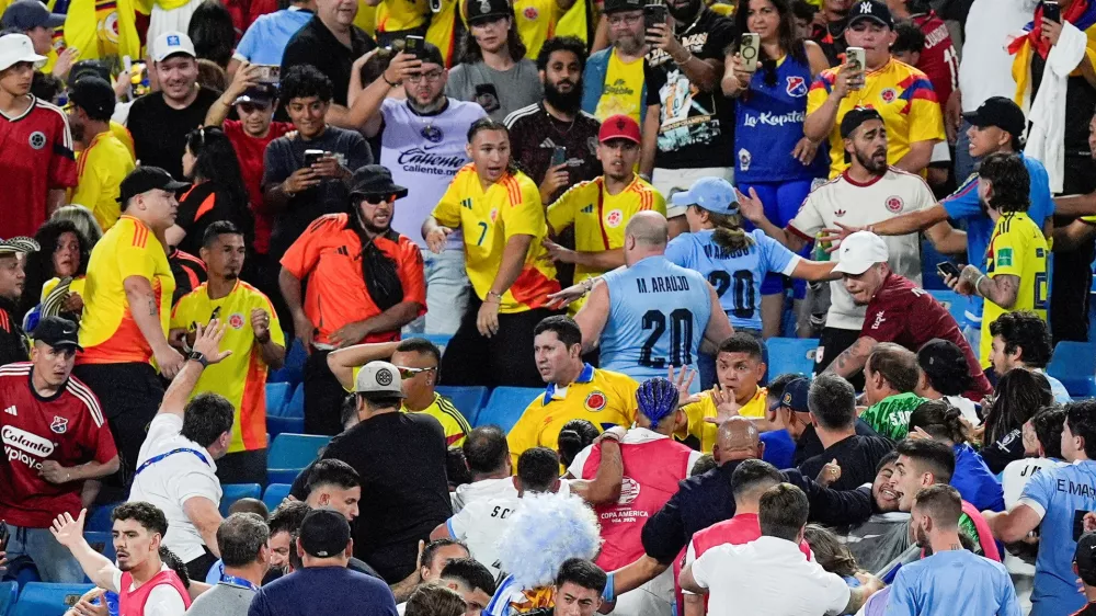 FILE PHOTO: Jul 10, 2024; Charlotte, NC, USA; Fans get into an altercation with players and staff from Uruguay after the Copa Armerica Semifinal match between Uruguay and Colombia at Bank of America Stadium. Mandatory Credit: Jim Dedmon-USA TODAY Sports/File Photo