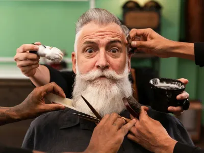 mature man with white beard looking at camera in barber shop with barber hands with cutting and shaving instruments, brush, scissors, comb, razor. hipster style