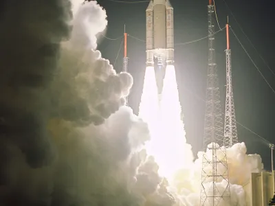 In this picture made available Sunday, March 12, 2006 by the European Space Agency (ESA), the rocket Ariane 5 ECA lifts off from the European Space Station in Kourou, French Guiana, late Saturday, March 11. A European space consortium rocket loaded with two satellites lifted off Saturday into a cloudy night sky, the first launch of the year for the Ariane-5 rocket after three delays, officials said. The Ariane-5 carried satellites for the Spanish defense ministry and for Paris-based Eutelsat Communications SA, Arianespace, the commercial arm of the 13-country European Space Agency, said in a statement. (AP Photo/ESA/HO)