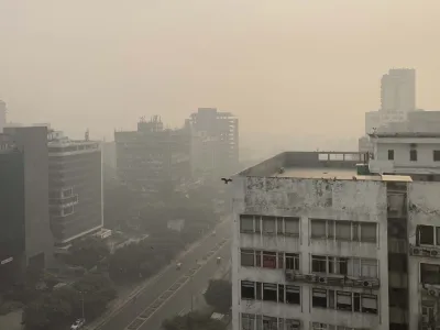 A bird flies with the horizon enveloped by smog and haze in New Delhi, India, Friday, Nov. 4, 2022.Indian authorities on Friday shut polluting industries and construction activity, restricted diesel-run vehicles and deployed water sprinklers and anti-smog guns to control haze and smog enveloping the skyline of the Indian capital region. (AP Photo/Shonal Ganguly)