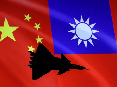 FILE PHOTO: Airplane is seen in front of Chinese and Taiwanese flags in this illustration, August 6, 2022. REUTERS/Dado Ruvic/Illustration/File Photo