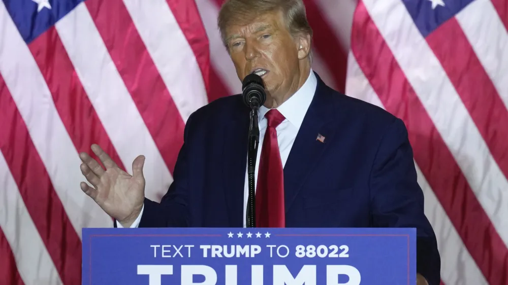 FILE - Former President Donald Trump speaks as he announces a third run for president, at Mar-a-Lago in Palm Beach, Fla., Tuesday, Nov. 15, 2022. A special grand jury investigating whether then-President Donald Trump and his allies illegally tried to overturn his defeat in the 2020 election in Georgia appears to be wrapping up its work, but many questions remain. The investigation is one of several that could result in criminal charges against the former president as he asks voters to return him to the White House in 2024. (AP Photo/Rebecca Blackwell, File)