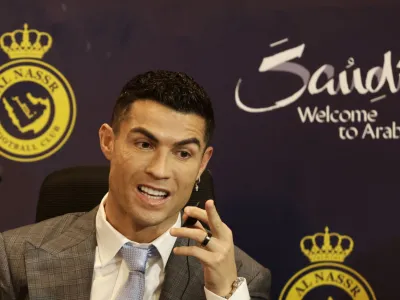 Soccer Football - Al Nassr unveil new signing Cristiano Ronaldo - Mrsool Park, Riyadh, Saudi Arabia - January 3, 2023 New Al Nassr signing Cristiano Ronaldo during the press conference REUTERS/Ahmed Yosri