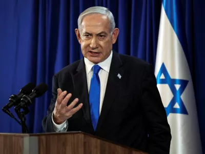 Israeli Prime Minister Benjamin Netanyahu speaks during a press conference amid the ongoing conflict in Gaza between Israel and Hamas, in Tel Aviv, Israel, July 13, 2024. REUTERS/Nir Elias/Pool