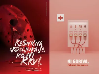 Resnična grozljivka je naslov zmagovalnega plakata 15. Plaktivata, pod katerega se podpisujeta avtorja Sara Mlinar in Gašper Štern – AV studio (levo). Zmagovalni plakat v študentski kategoriji Sveža kri avtorice Petre Lapajne Povirk z naslovom Gorivo življenja (desno).