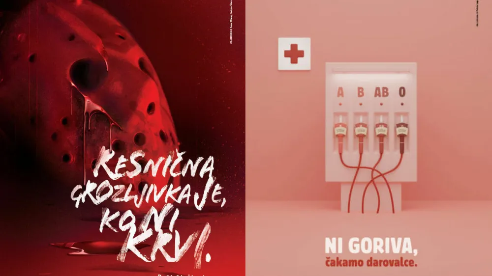 Resnična grozljivka je naslov zmagovalnega plakata 15. Plaktivata, pod katerega se podpisujeta avtorja Sara Mlinar in Gašper Štern – AV studio (levo). Zmagovalni plakat v študentski kategoriji Sveža kri avtorice Petre Lapajne Povirk z naslovom Gorivo življenja (desno).