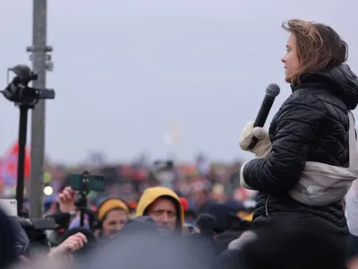 Climate activist Greta Thunberg speaks during a protest against the expansion of Germany's utility RWE's Garzweiler open-cast lignite mine to Luetzerath, Germany, January 14, 2023. REUTERS/Thilo Schmuelgen