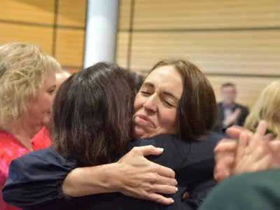 New Zealand Prime Minister Jacinda Ardern reacts following the announcement of her resignation at the War Memorial Hall, in Napier, New Zealand January 19, 2023. AAP Image/Ben McLay via REUTERS ATTENTION EDITORS - THIS IMAGE WAS PROVIDED BY A THIRD PARTY. NO RESALES. NO ARCHIVE. AUSTRALIA OUT. NEW ZEALAND OUT