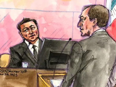 Tesla CEO Elon Musk is questioned by the investors' attorney Nicholas Porritt during a securities-fraud trial at federal court in San Francisco, California, U.S., January 23, 2023 in this courtroom sketch. REUTERS/Vicki Behringer