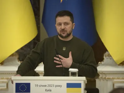 Ukrainian President Volodymyr Zelenskyy attends a news conference with European Council President Charles Michel after their meeting in Kyiv, Ukraine, Thursday, Jan. 19, 2023. (AP Photo/Efrem Lukatsky)