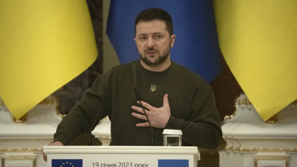 Ukrainian President Volodymyr Zelenskyy attends a news conference with European Council President Charles Michel after their meeting in Kyiv, Ukraine, Thursday, Jan. 19, 2023. (AP Photo/Efrem Lukatsky)