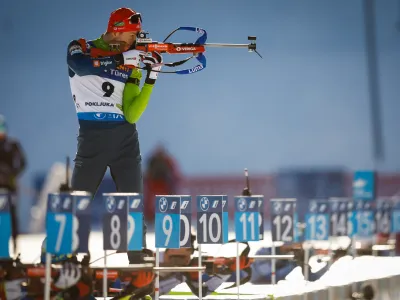 Pokljuka, Rudno polje.<br>Svetovni pokal v biatlonu na Pokljuki - Moski sprint na 10 km.<br>Slovenski biatlonec Jakov Fak.