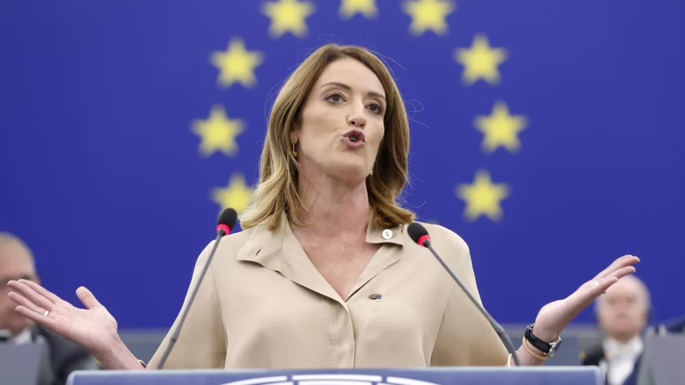 European Parliament President Roberta Metsola speaks during the opening plenary of the newly-elected European Parliament in Strasbourg, eastern France, Tuesday, July 16, 2024. (AP Photo/Jean-Francois Badias)