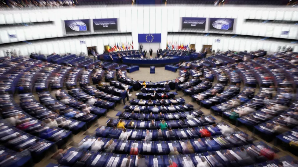 European Parliament members work in the Hemicycle during the first plenary session of the newly elected parliament in Strasbourg, France, July 16, 2024. Picture taken with a zoom burst. REUTERS/Johanna Geron