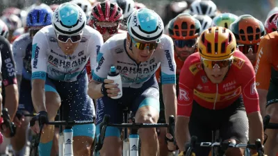 Cycling - Tour de France - Stage 16 - Gruissan to Nimes - Gruissan, France - July 16, 2024 Bahrain - Victorious' Matej Mohoric in action in the peloton during stage 16 REUTERS/Stephane Mahe