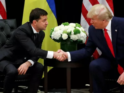 FILE PHOTO: Ukraine's President Volodymyr Zelenskiy greets U.S. President Donald Trump during a bilateral meeting on the sidelines of the 74th session of the United Nations General Assembly (UNGA) in New York City, New York, U.S., September 25, 2019. REUTERS/Jonathan Ernst/File Photo