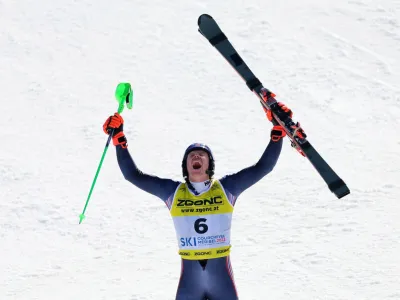 Alpine Skiing - FIS Alpine Ski World Cup - Men's Slalom - Courchevel, France - February 19, 2023 Norway's Henrik Kristoffersen celebrates after winning the Men's Slalom REUTERS/Denis Balibouse