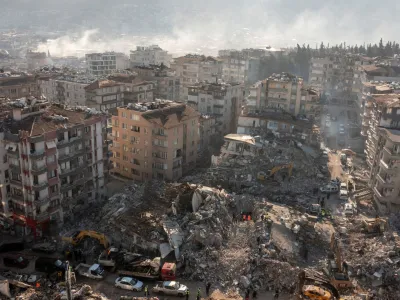 An aerial view shows collapsed and damaged buildings following an earthquake in Hatay, Turkey February 10, 2023. REUTERS/Umit Bektas