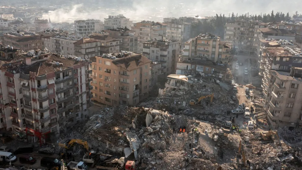 An aerial view shows collapsed and damaged buildings following an earthquake in Hatay, Turkey February 10, 2023. REUTERS/Umit Bektas