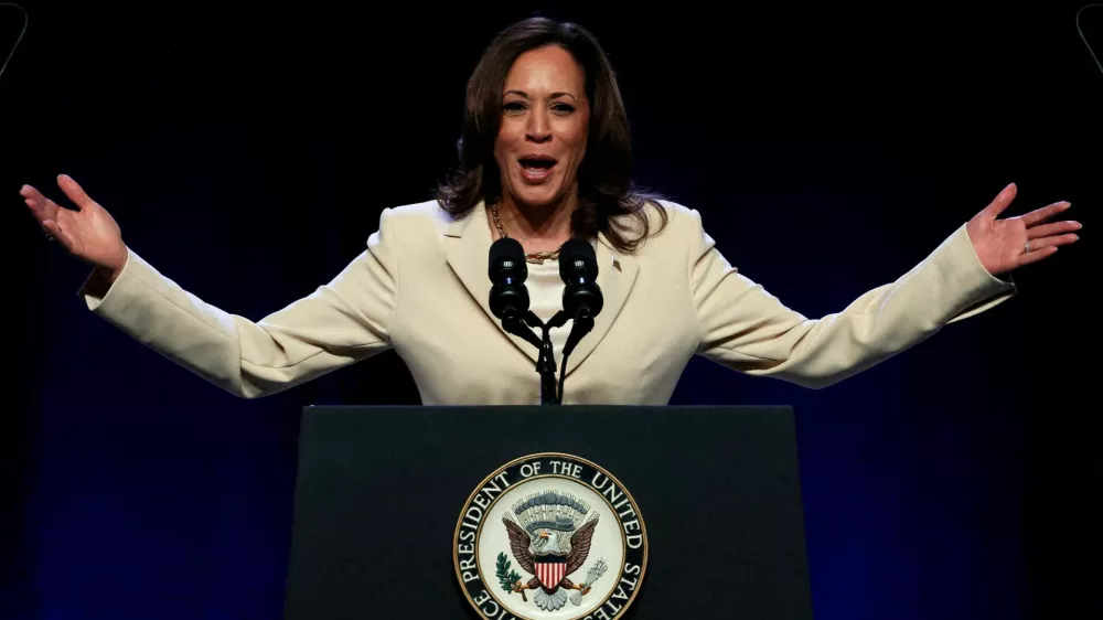 FILE PHOTO: U.S. Vice President Kamala Harris speaks during the Constitutional Convention of UNITE HERE, the nation's largest hospitality workers' labor union, in New York City, U.S., June 21, 2024. REUTERS/Brendan McDermid/File Photo