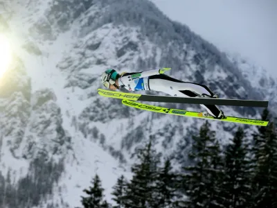 Nordic Skiing - FIS Nordic World Ski Championships - Planica, Slovenia - February 28, 2023 Solvenia's Ema Klinec in action during the Women's HS138 training REUTERS/Borut Zivulovic