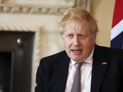 British Prime Minister Boris Johnson ahead of a bilateral meeting with German Chancellor Olaf Scholz, at 10 Downing Street, London, Friday April 8, 2022. (Tom Nicholson, Pool via AP)