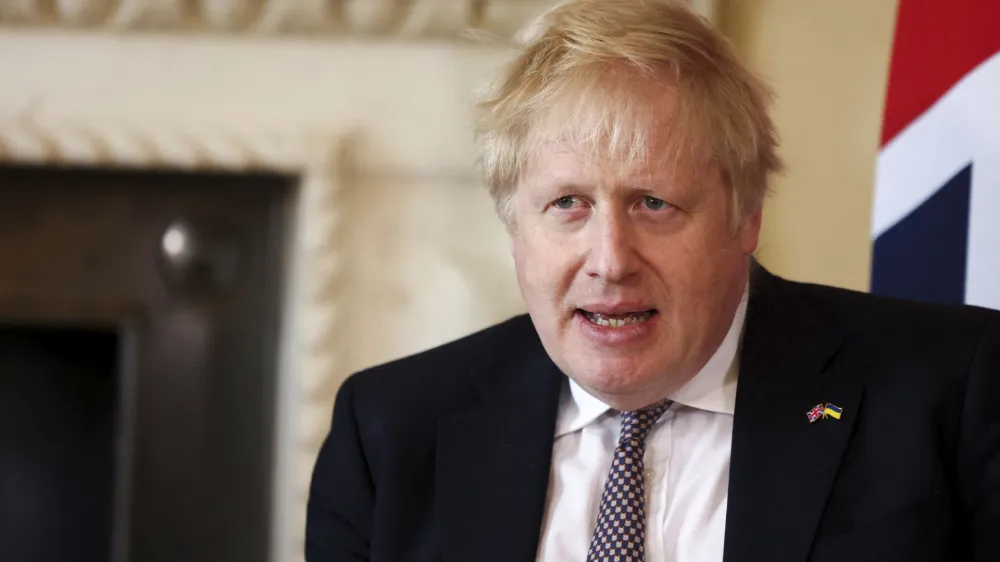 British Prime Minister Boris Johnson ahead of a bilateral meeting with German Chancellor Olaf Scholz, at 10 Downing Street, London, Friday April 8, 2022. (Tom Nicholson, Pool via AP)