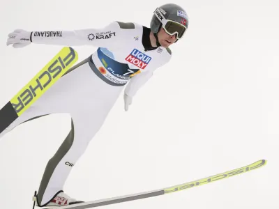 Norway's Jarl Magnus Riiber competes during the Nordic Combined Mixed Team HS102 competition at the Nordic World Championships in Planica, Slovenia, Sunday, Feb. 26, 2023. (AP Photo/Darko Bandic)