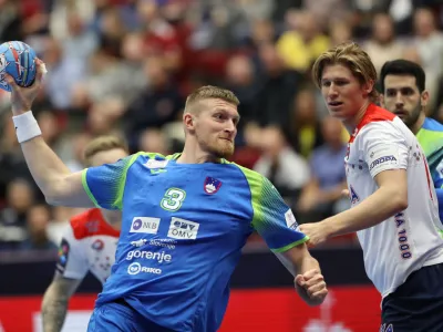 Slovenia's Blaz Blagotinsek throws the ball, during the Men's European Handball Championship main round Group 2 match between Norway and Slovenia at Malmo Arena, in Malmo, Wednesday, Jan. 22, 2020. (Andreas Hillergren/TT News Agency via AP)