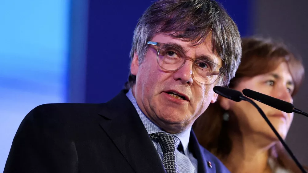 FILE PHOTO: Exiled Catalan separatist leader Carles Puigdemont speaks on the day of Catalonia's regional elections, in the French town of Argeles-sur-Mer, France, May 12, 2024. REUTERS/Bruna Casas/File Photo