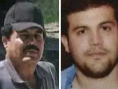 This combo of images provided by the U.S. Department of State show Ismael "El Mayo" Zambada, a historic leader of Mexico's Sinaloa cartel, left, and Joaquín Guzmán López, a son of another infamous cartel leader, after they were arrested by U.S. authorities in Texas, the U.S. Justice Department said Thursday, July 25, 2024. (U.S. Department of State via AP)