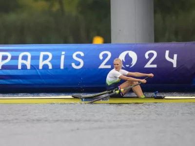 Nina Kostanjsek, of Slovenia, competes during the women's rowing single sculls heat at the 2024 Summer Olympics, Saturday, July 27, 2024, in Vaires-sur-Marne, France. (AP Photo/Lindsey Wasson)