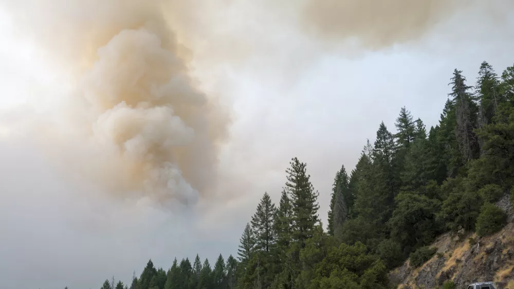 A column of smoke from the Park Fire rises over Highway 32 near Forest Ranch, Calif., Saturday, July 27, 2024. (AP Photo/Nic Coury)