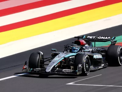 Mercedes driver George Russell of Britain steers his car during the Formula One Grand Prix at the Spa-Francorchamps racetrack in Spa, Belgium, Sunday, July 28, 2024. (AP Photo/Geert Vanden Wijngaert)